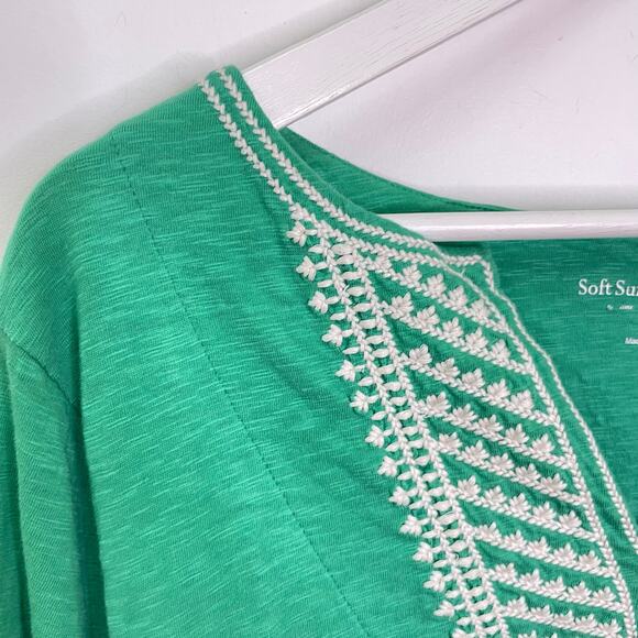 Soft Surroundings Size L Green 3/4 Sleeve Cotton Embroidered Boho Tunic Shirt - Picture 4 of 8